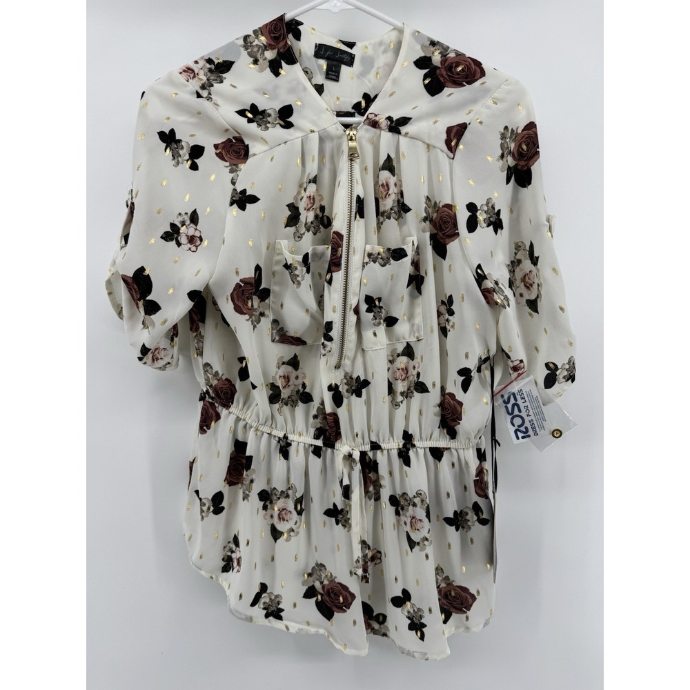 J For Justify Women's Floral Print Ivory Dress Woven Top Blouse Size L NWT